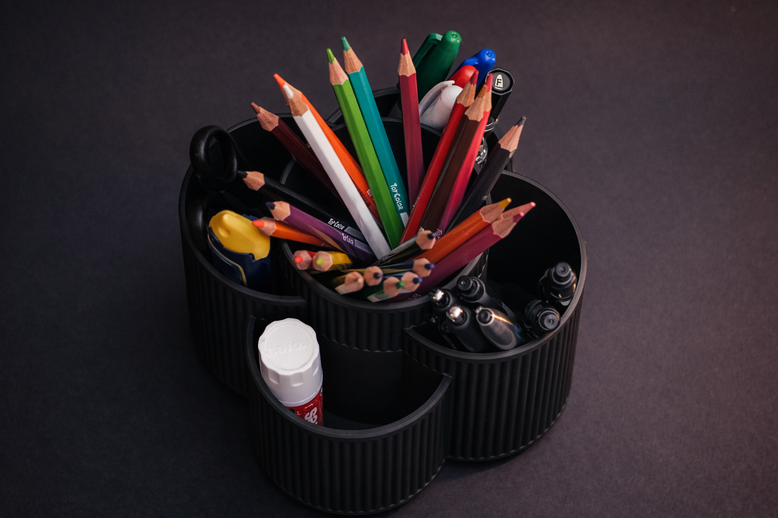 3D Printed Rotating Desk Organizer with Multiple Compartments for Pens, Pencils & Office Supplies